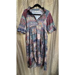 Natural Life Dress Rebecca Blue Patchwork Boho Midi Dress Small